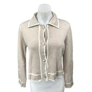 Tahari Cewam White Knit Long Sleeve Button Down Collar Cardigan Sweater Top Sz S